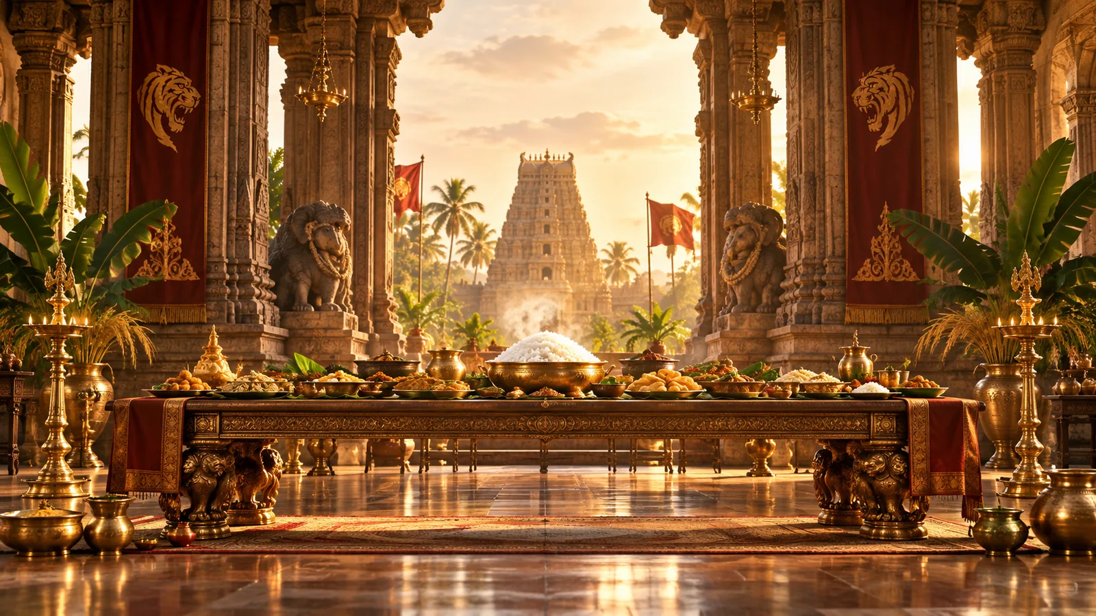A long royal dining table laid with rice and dishes before a temple