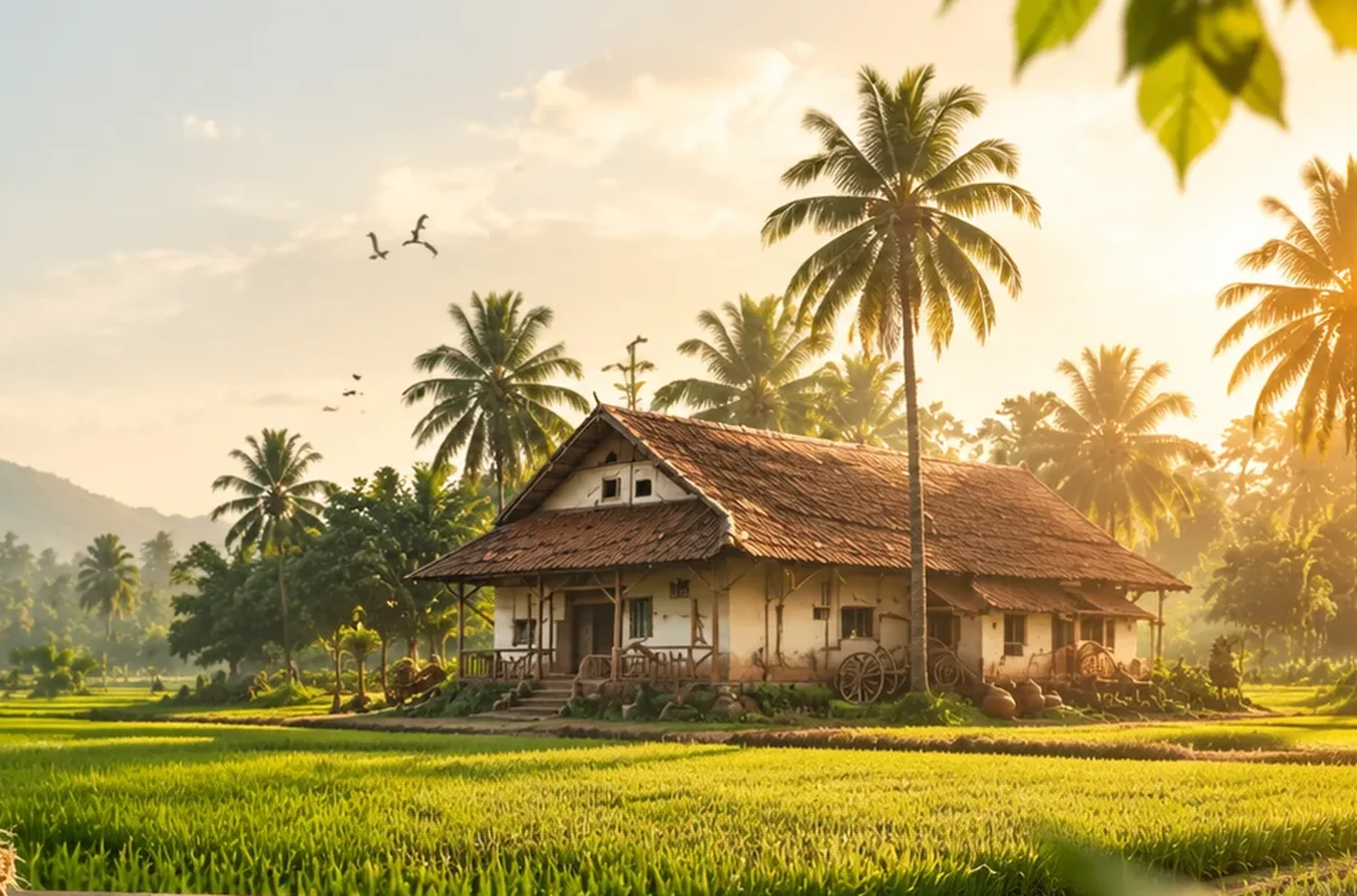 Paddy fields at sunrise beside a village homestead