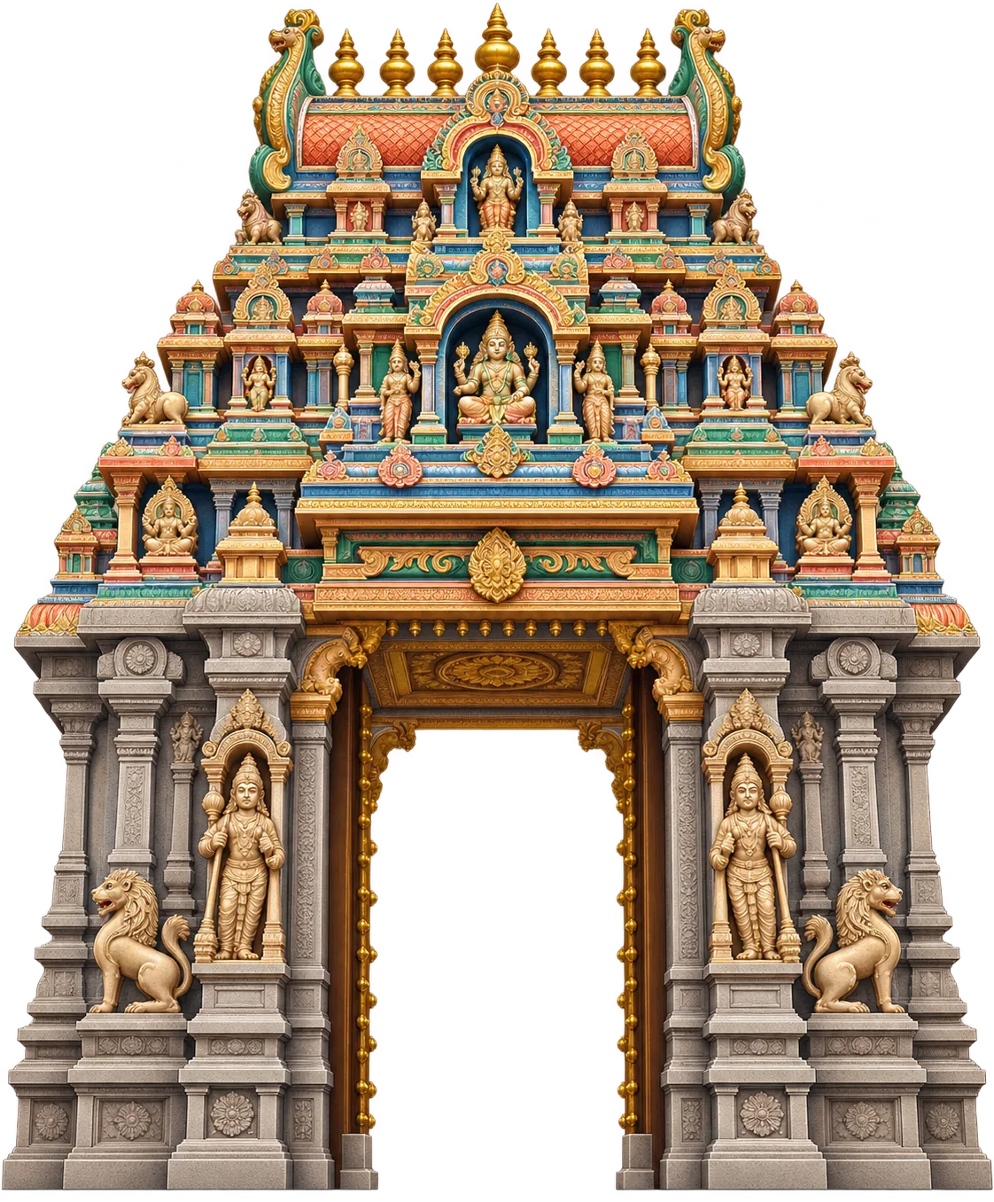 A South Indian temple gateway, its doorway open to the light beyond