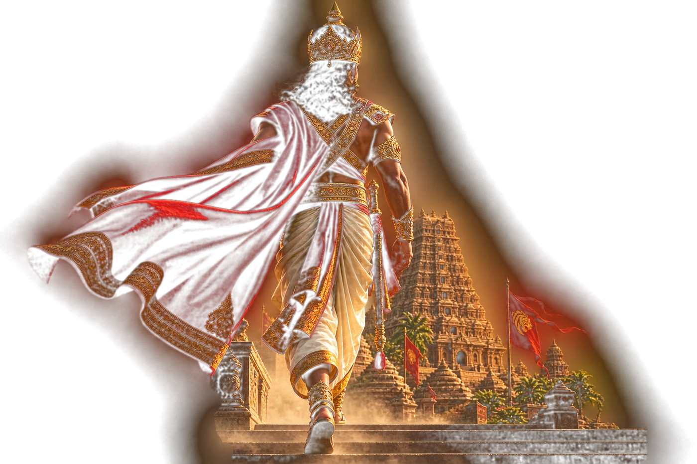 A Chola king walking toward a temple, seen from behind